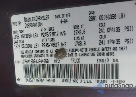 2004 Dodge Ram 1500 St z USA, uszkodzony, nr VIN 1D7HA16D64J244368